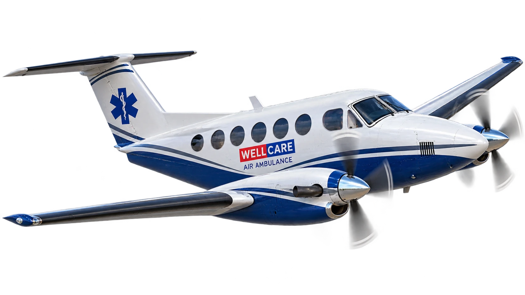 WellCare Air Ambulance twin-engine aircraft in branded red and royal blue livery